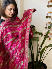 Pink Printed Bandhej Dupatta in Chinon with Gold Thread and Sequin Work - Masakalee