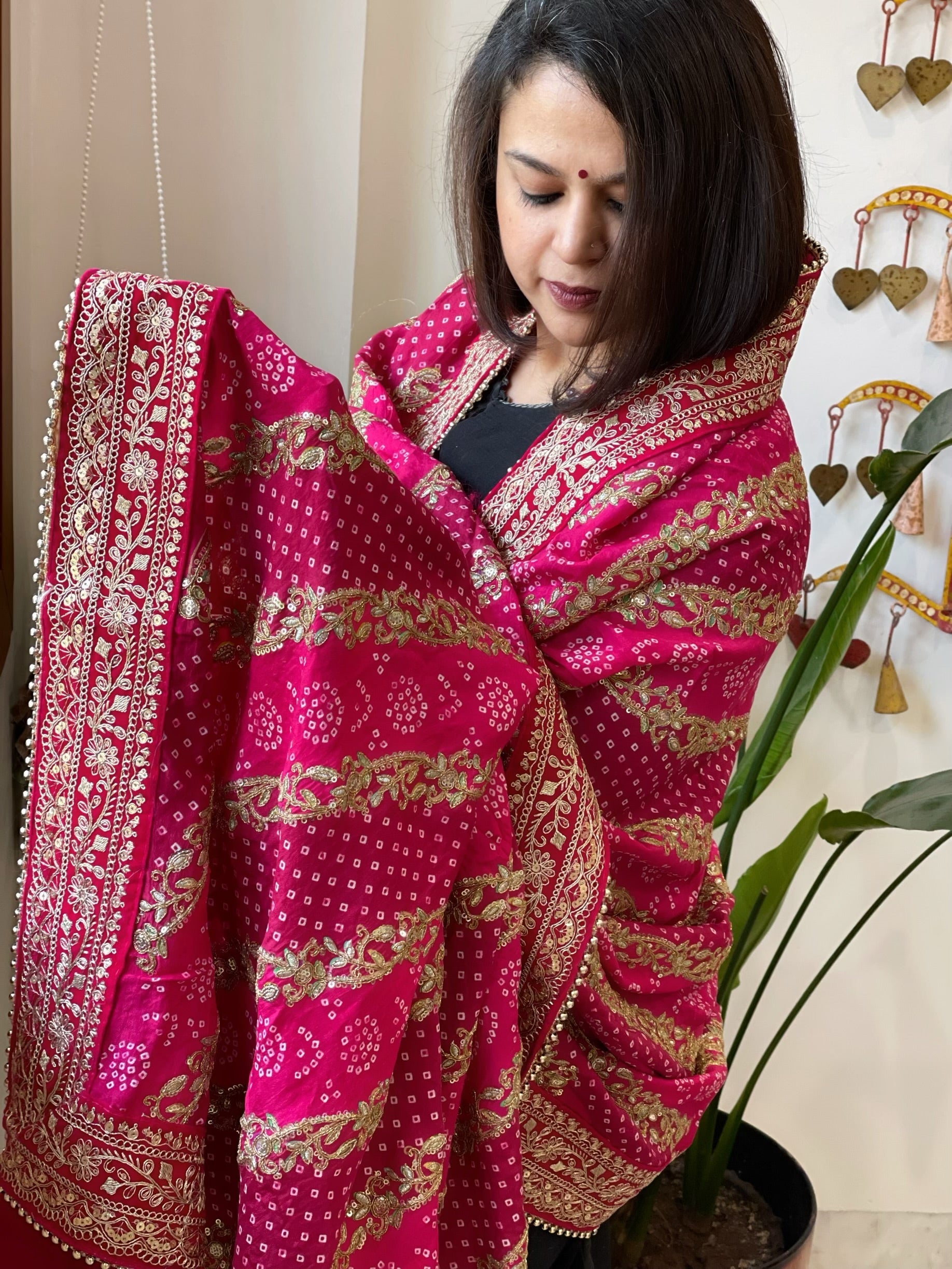 Pink Printed Bandhej Dupatta in Chinon with Gold Thread and Sequin Work - Masakalee