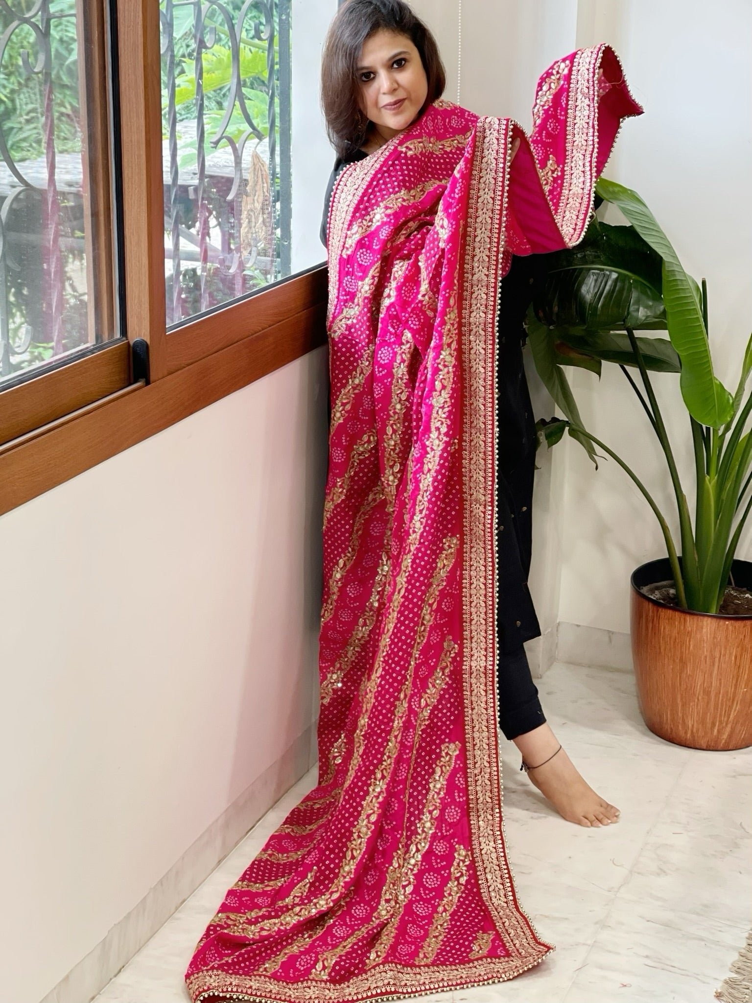 Pink Printed Bandhej Dupatta in Chinon with Gold Thread and Sequin Work - Masakalee