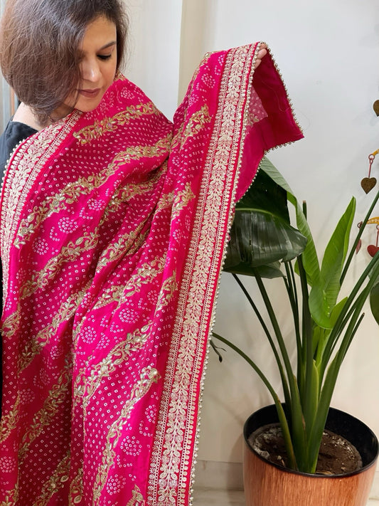 Pink Printed Bandhej Dupatta in Chinon with Gold Thread and Sequin Work - Masakalee