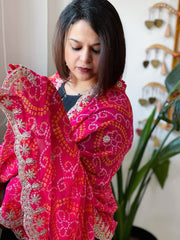 Pink Printed Viscose Georgette Bandhej Dupatta with Gold Thread & Sequin Embroidered Border - Masakalee