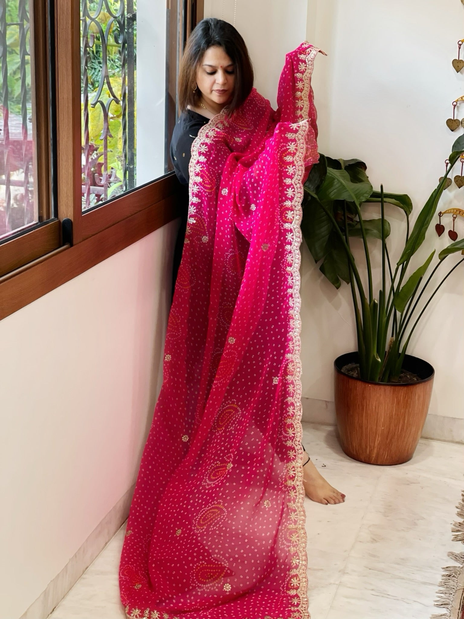 Pink Printed Viscose Georgette Bandhej Dupatta with Gold Thread & Sequin Embroidered Border - Masakalee