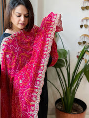 Pink Printed Viscose Georgette Bandhej Dupatta with Gold Thread & Sequin Embroidered Border - Masakalee
