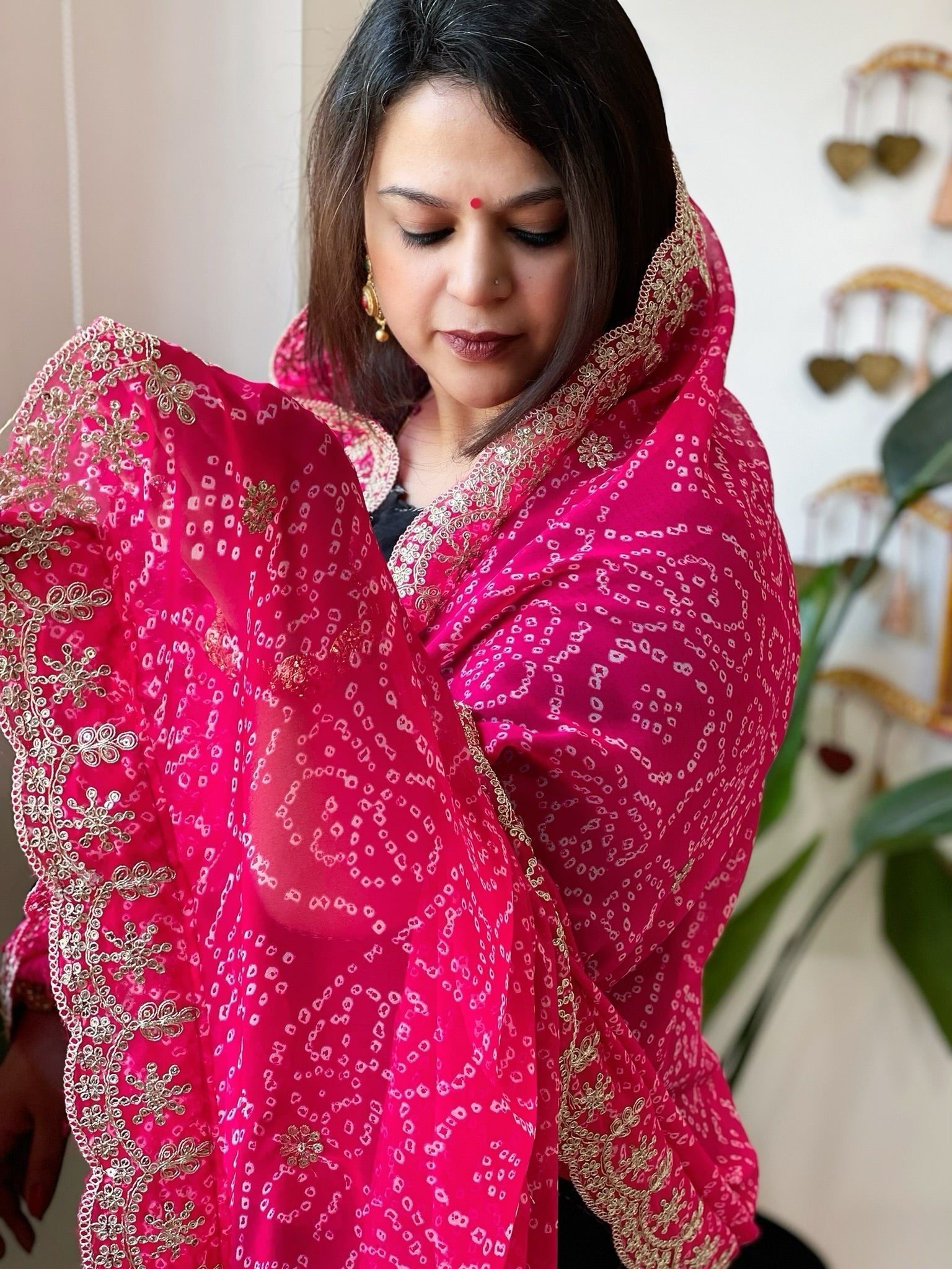 Pink Printed Viscose Georgette Bandhej Dupatta with Gold Thread & Sequin Embroidered Border - Masakalee
