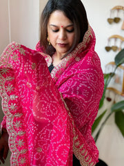 Pink Printed Viscose Georgette Bandhej Dupatta with Gold Thread & Sequin Embroidered Border - Masakalee