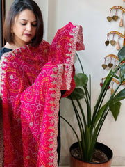 Pink Printed Viscose Georgette Bandhej Dupatta with Gold Thread & Sequin Embroidered Border - Masakalee