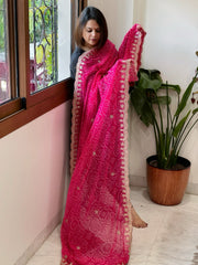 Pink Printed Viscose Georgette Bandhej Dupatta with Gold Thread & Sequin Embroidered Border - Masakalee
