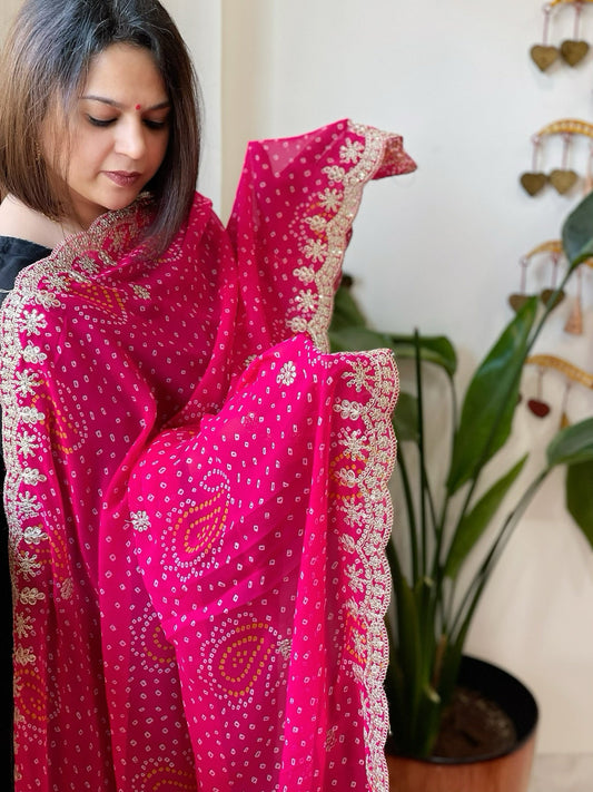 Pink Printed Viscose Georgette Bandhej Dupatta with Gold Thread & Sequin Embroidered Border - Masakalee