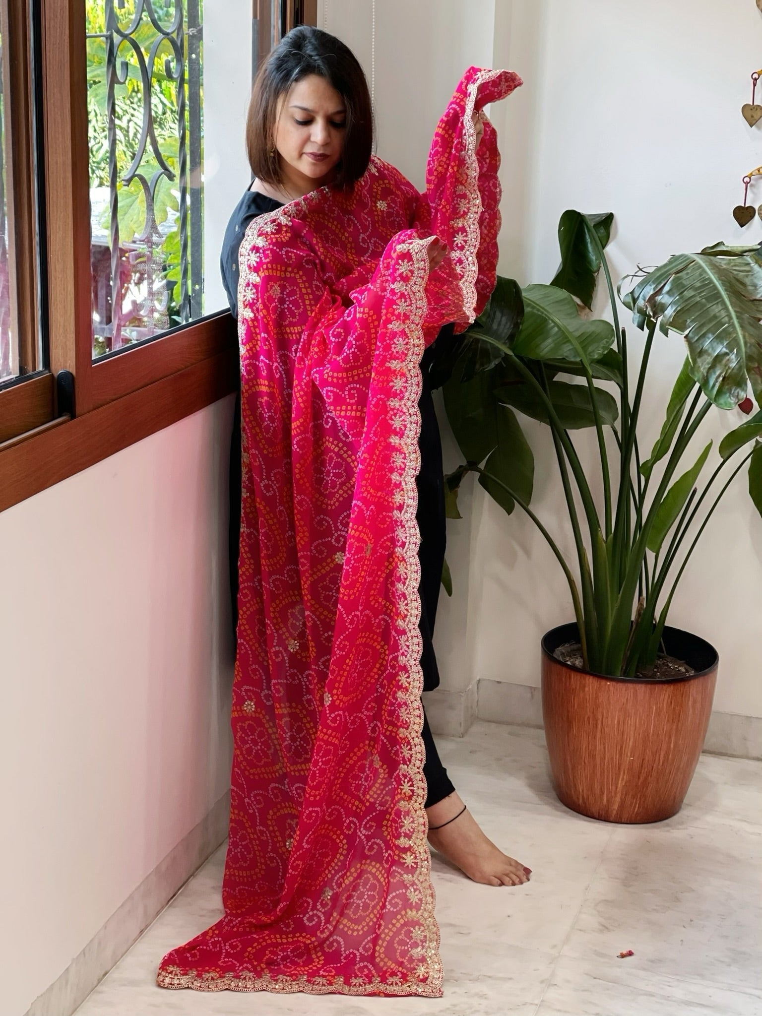 Pink Printed Viscose Georgette Bandhej Dupatta with Gold Thread & Sequin Embroidered Border - Masakalee