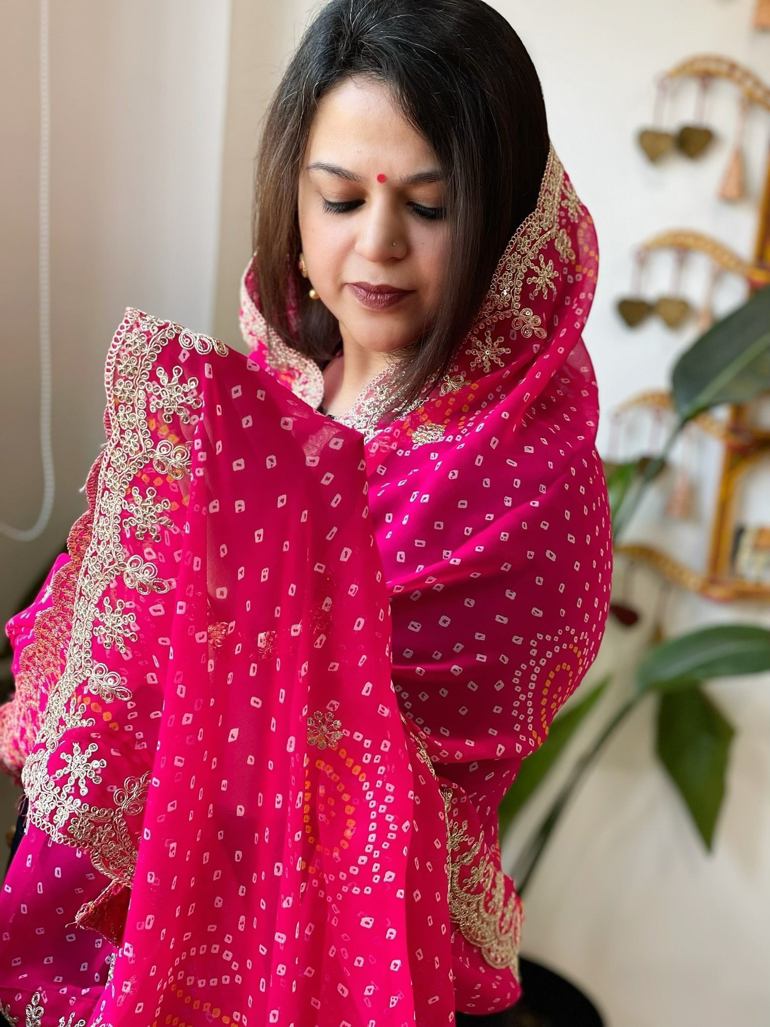 Pink Printed Viscose Georgette Bandhej Dupatta with Gold Thread & Sequin Embroidered Border - Masakalee