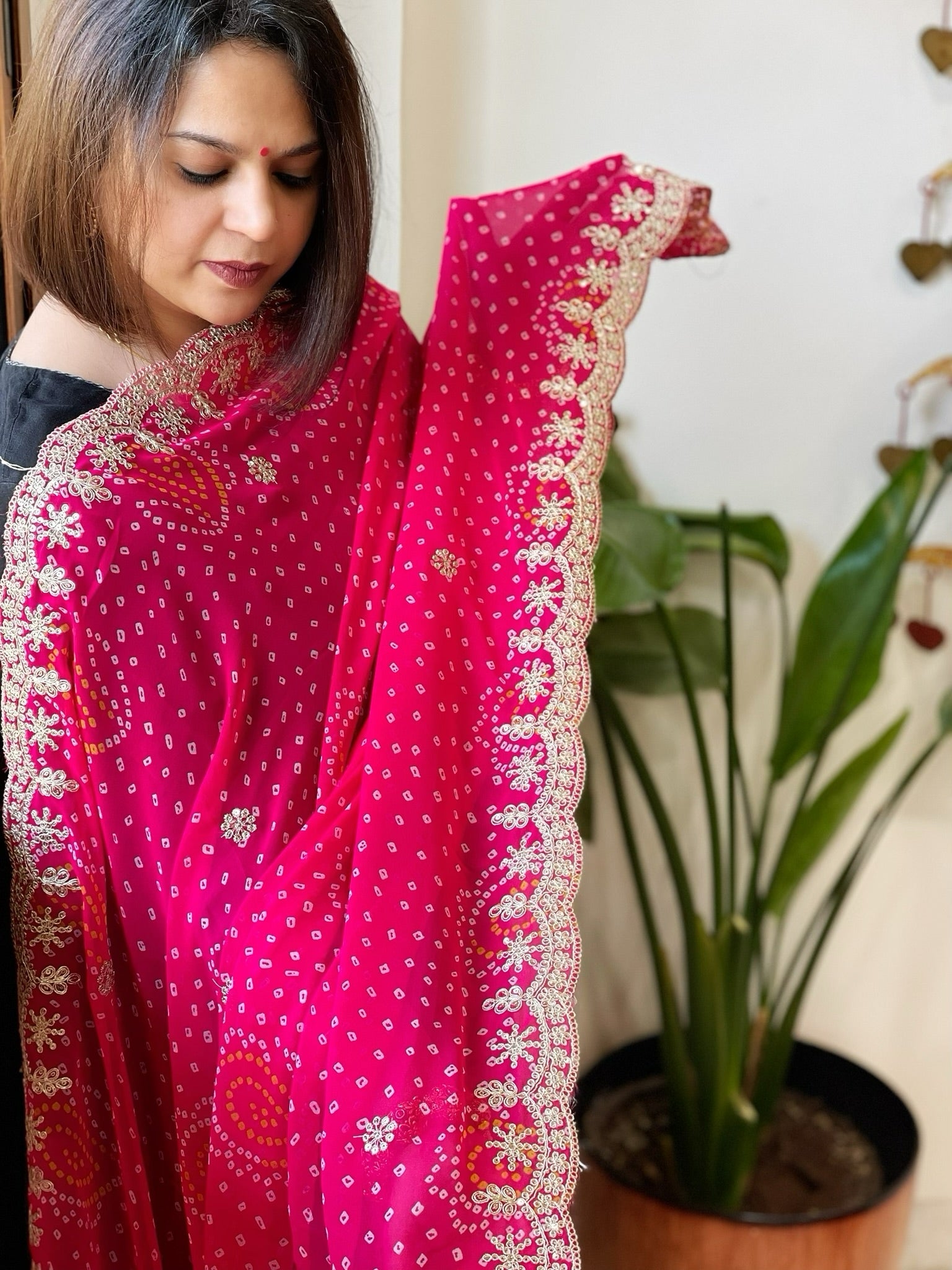 Pink Printed Viscose Georgette Bandhej Dupatta with Gold Thread & Sequin Embroidered Border - Masakalee