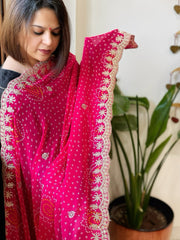 Pink Printed Viscose Georgette Bandhej Dupatta with Gold Thread & Sequin Embroidered Border - Masakalee