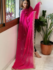 Pink Printed Viscose Georgette Leheriya Dupatta with Gold Thread & Sequin Embroidered Border - Masakalee