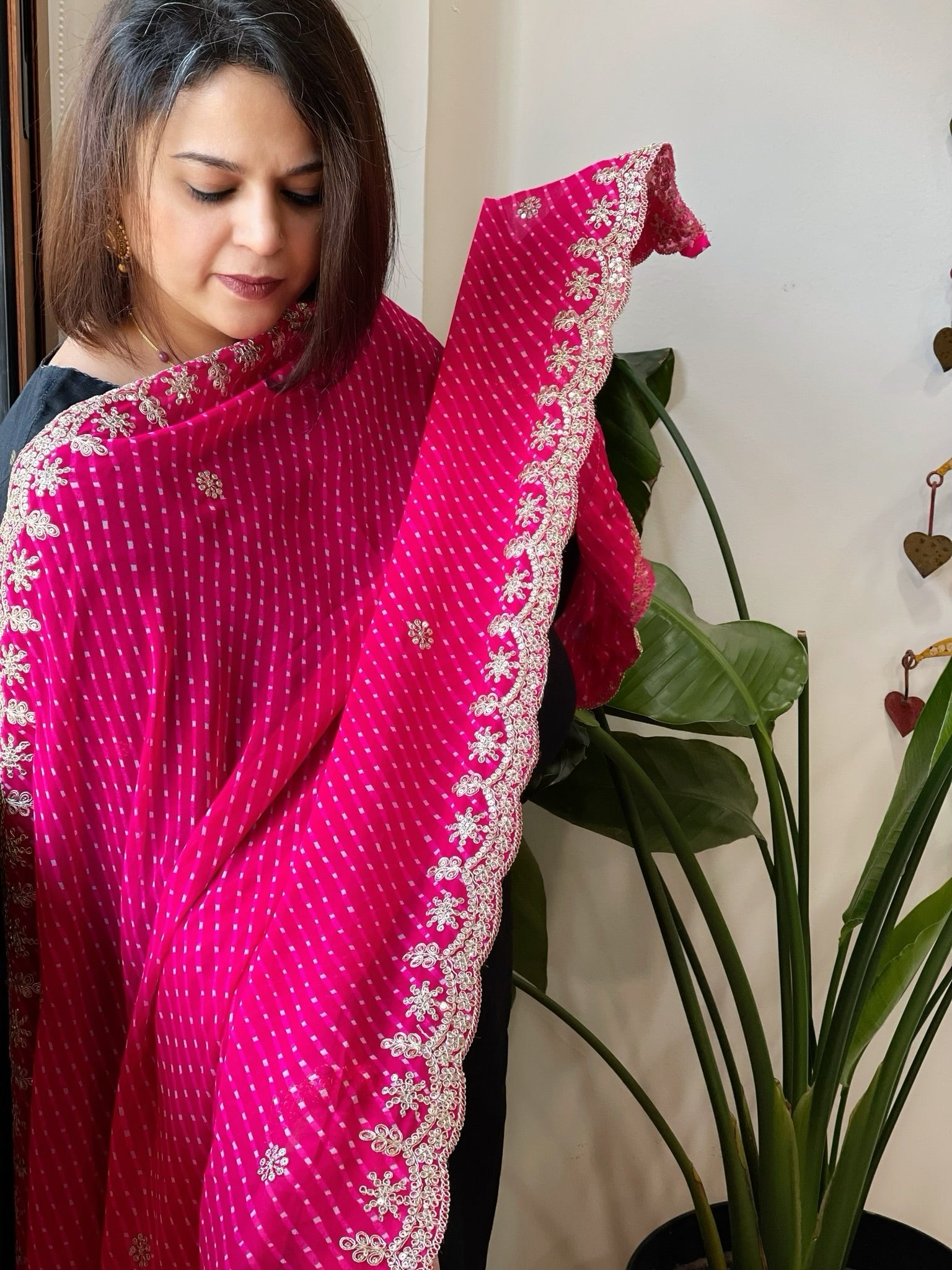 Pink Printed Viscose Georgette Leheriya Dupatta with Gold Thread & Sequin Embroidered Border - Masakalee