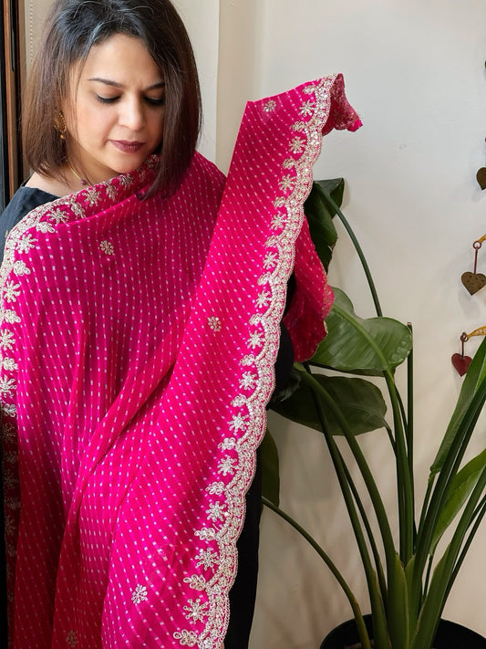 Pink Printed Viscose Georgette Leheriya Dupatta with Gold Thread & Sequin Embroidered Border - Masakalee