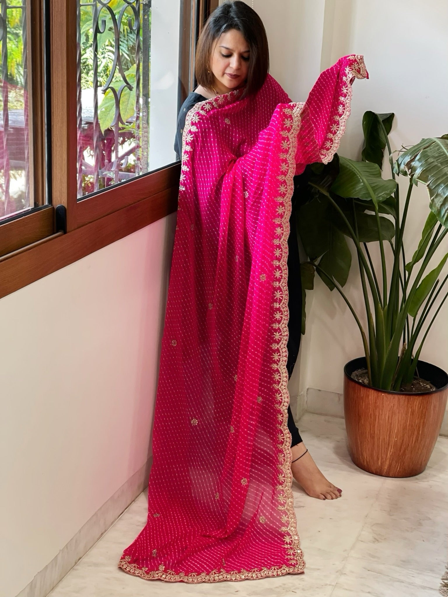Pink Printed Viscose Georgette Leheriya Dupatta with Gold Thread & Sequin Embroidered Border - Masakalee