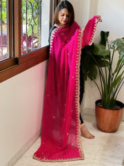 Pink Printed Viscose Georgette Leheriya Dupatta with Gold Thread & Sequin Embroidered Border - Masakalee