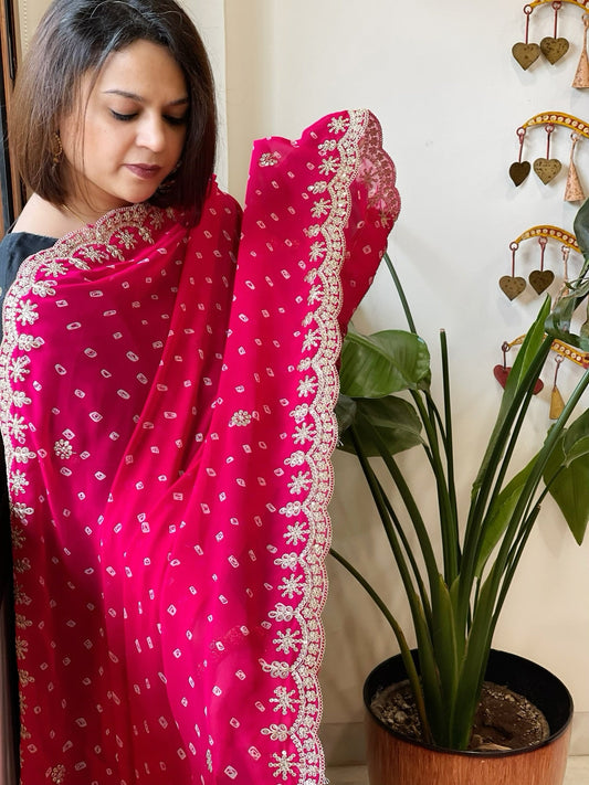 Pink Printed Viscose Georgette Leheriya Dupatta with Gold Thread & Sequin Embroidered Border - Masakalee