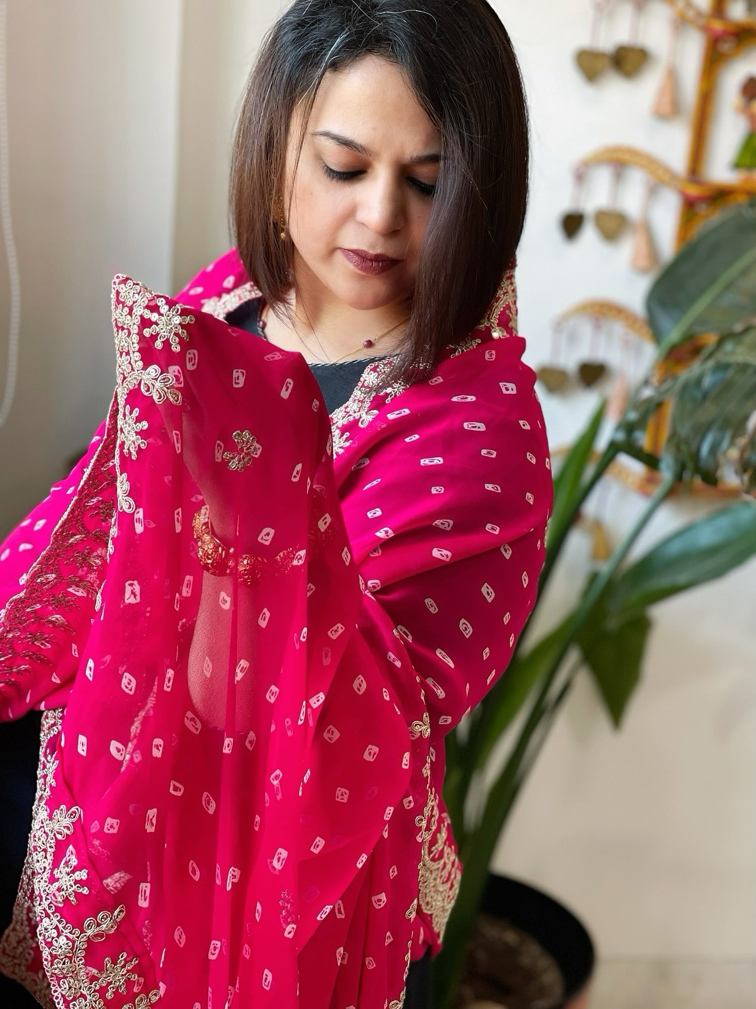 Pink Printed Viscose Georgette Leheriya Dupatta with Gold Thread & Sequin Embroidered Border - Masakalee