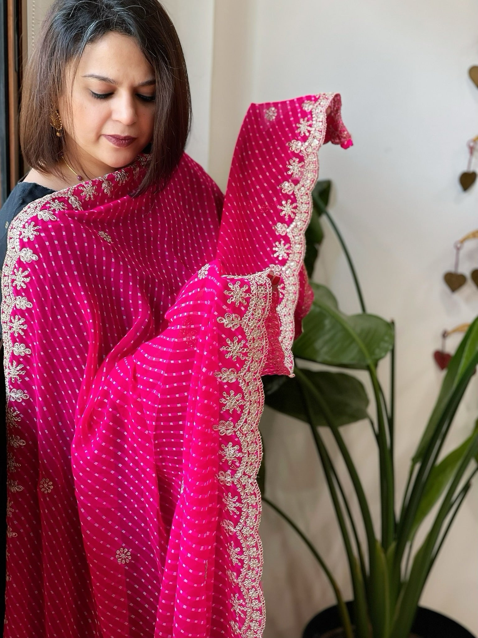 Pink Printed Viscose Georgette Leheriya Dupatta with Gold Thread & Sequin Embroidered Border - Masakalee