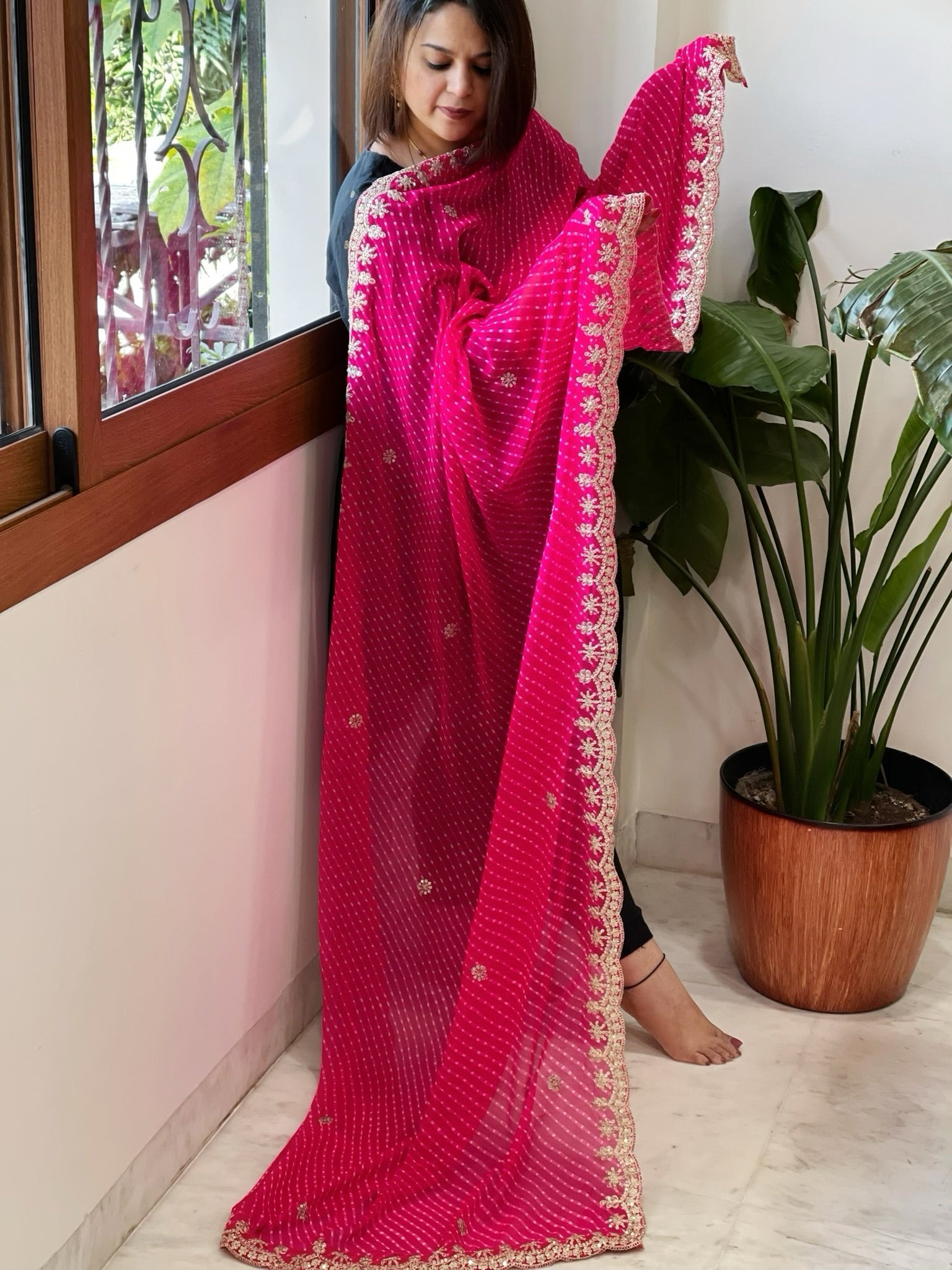 Pink Printed Viscose Georgette Leheriya Dupatta with Gold Thread & Sequin Embroidered Border - Masakalee