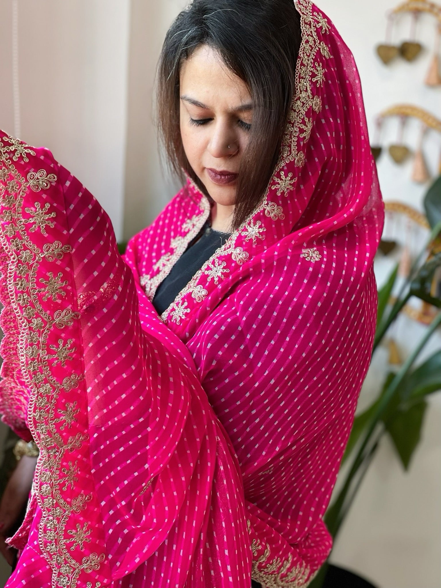 Pink Printed Viscose Georgette Leheriya Dupatta with Gold Thread & Sequin Embroidered Border - Masakalee
