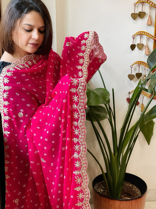 Pink Printed Viscose Georgette Leheriya Dupatta with Gold Thread & Sequin Embroidered Border - Masakalee