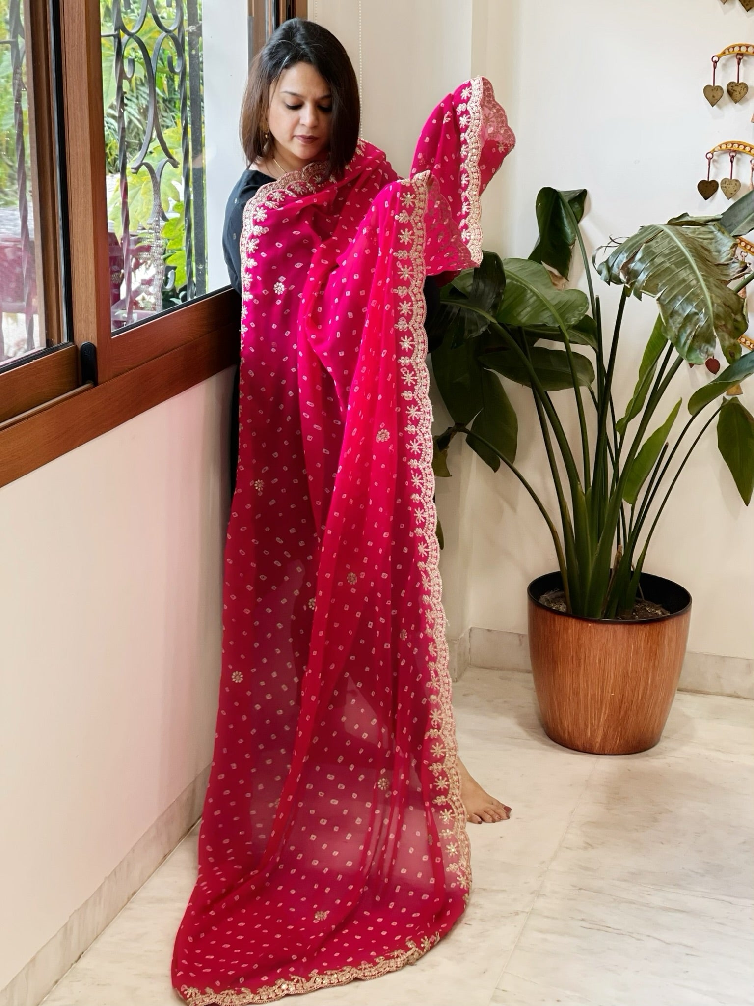 Pink Printed Viscose Georgette Leheriya Dupatta with Gold Thread & Sequin Embroidered Border - Masakalee