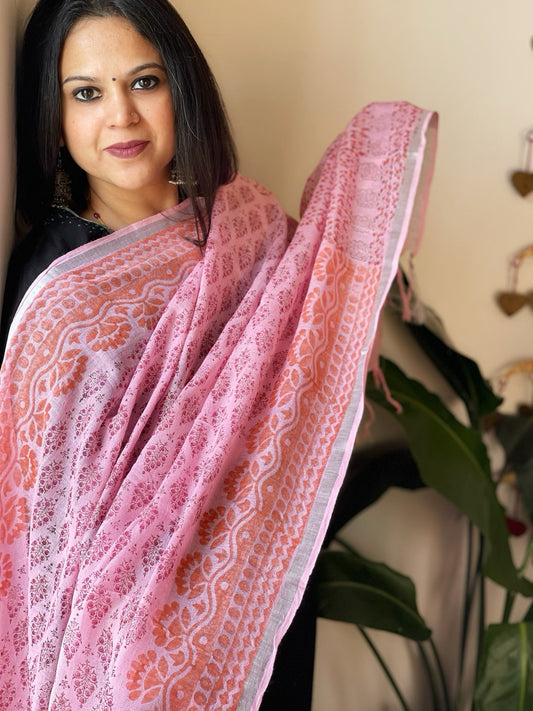 Pink Pure Linen Handblock Printed Dupatta - Masakalee