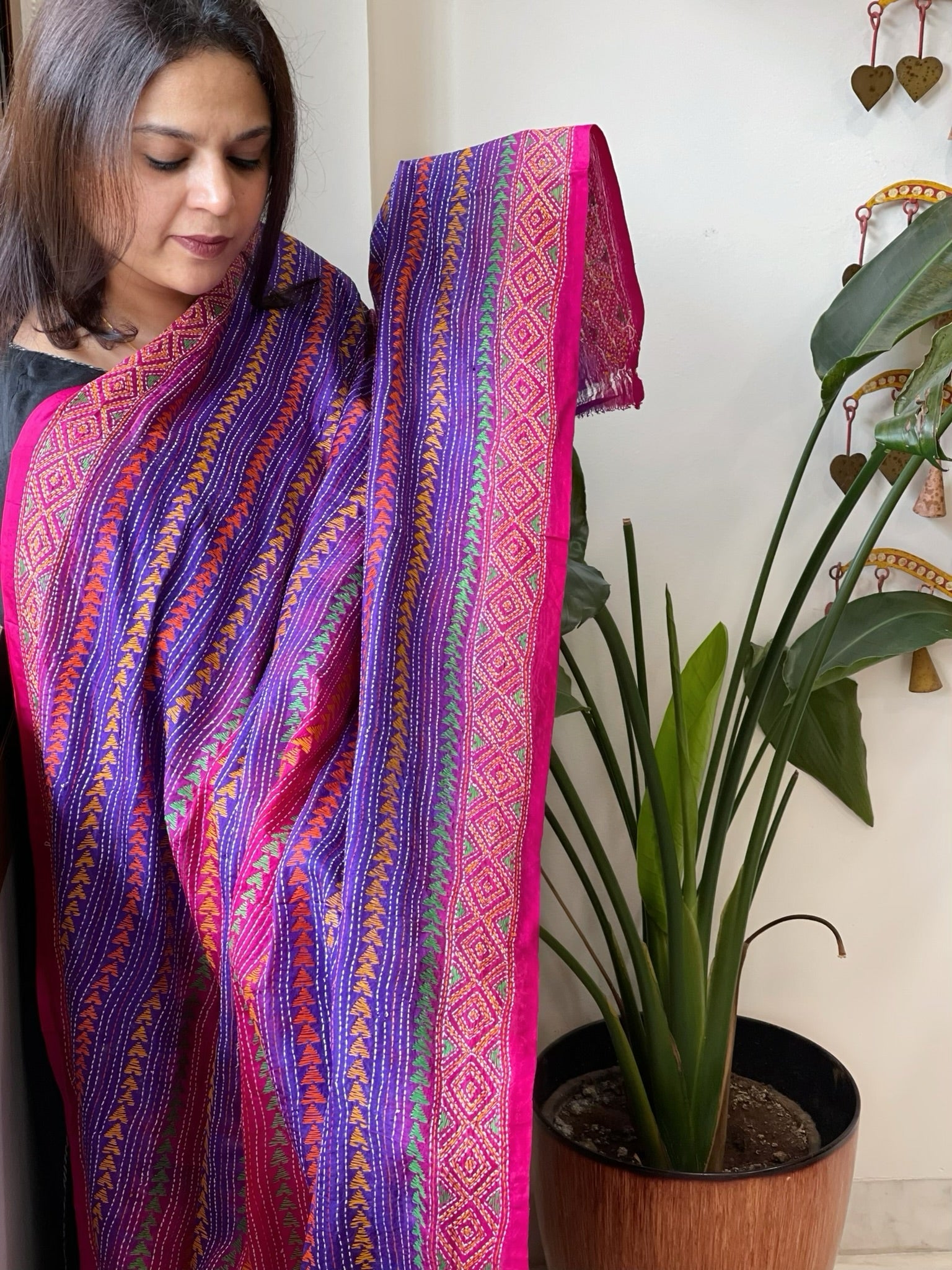 Pink, Purple Handmade Kantha Dupatta in Silk - Masakalee