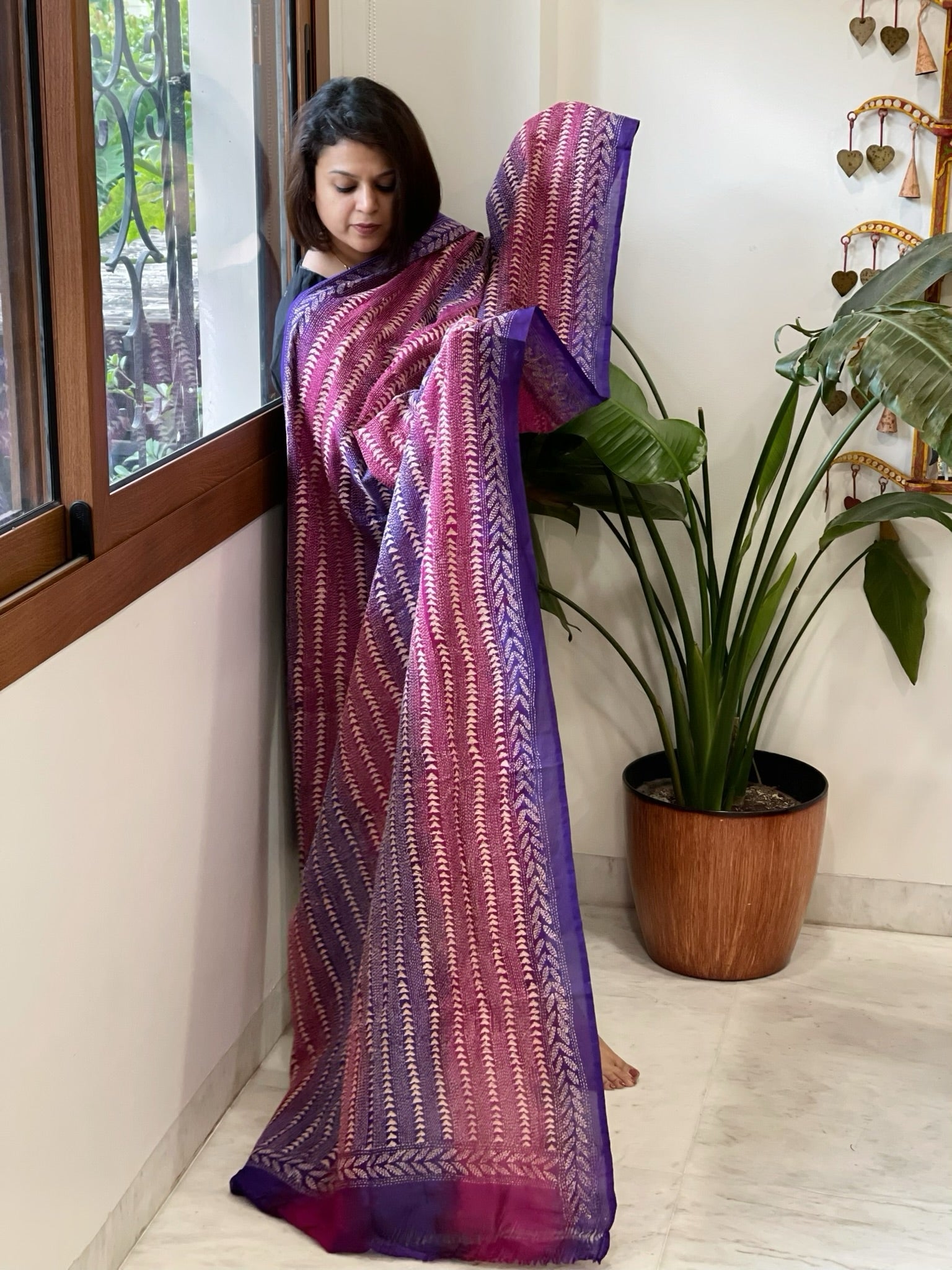 Pink, Purple Handmade Kantha Dupatta in Silk - Masakalee