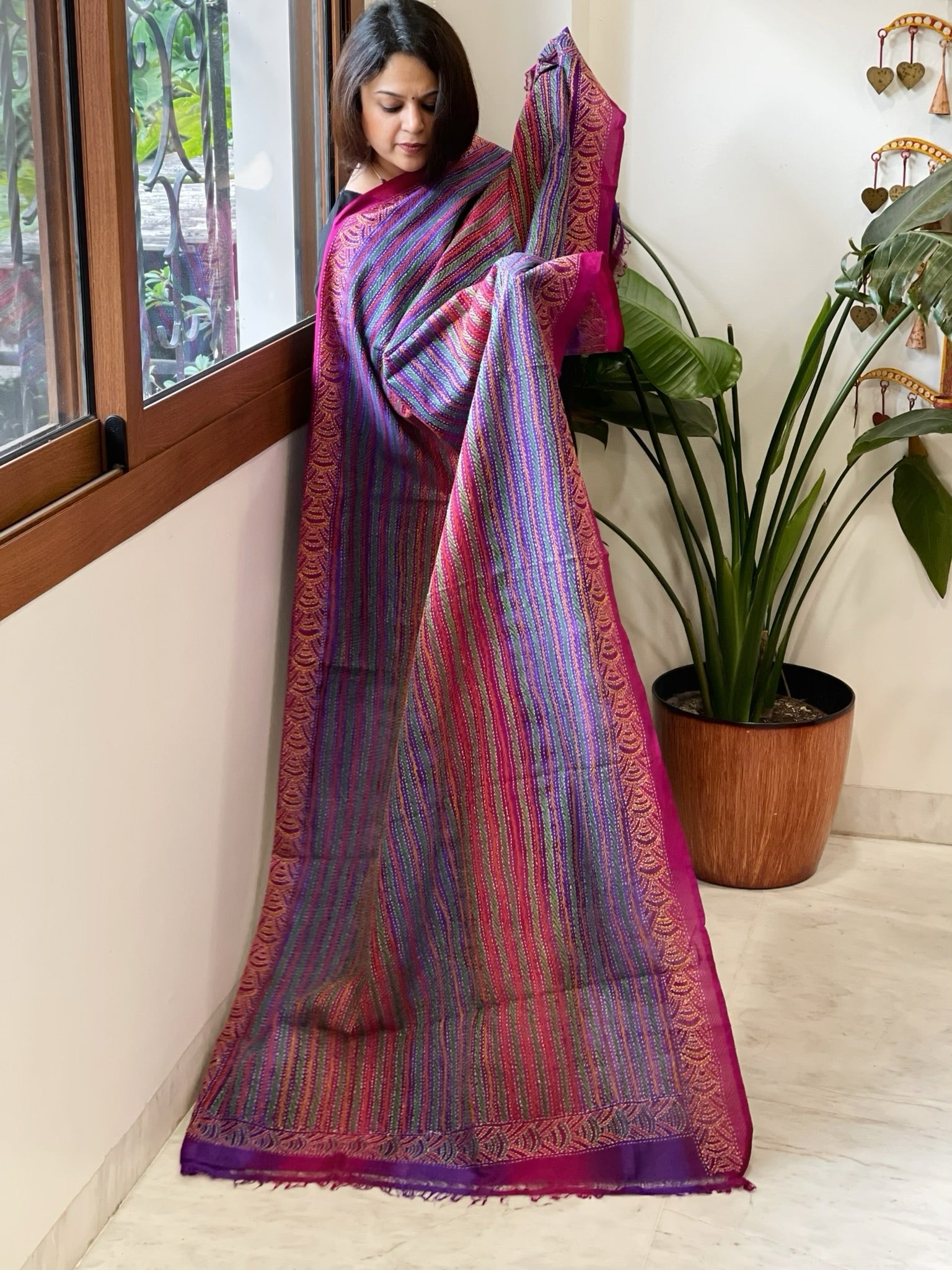 Pink, Purple Handmade Kantha Dupatta in Silk - Masakalee