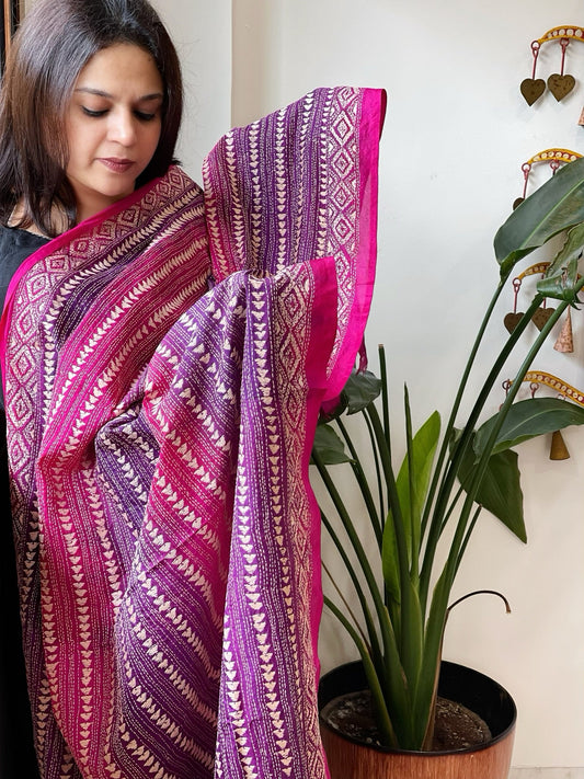 Pink, Purple Handmade Kantha Dupatta in Silk - Masakalee