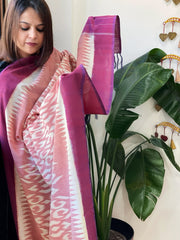 Pink, Purple Handwoven Ikat Dupatta in Cotton - Masakalee
