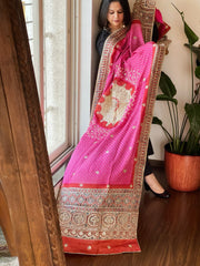 Pink Rai Bandhani, Ajrakh Dupatta with Gotapatti Handwork in Gajji Silk - Masakalee
