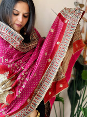 Pink Rai Bandhani, Ajrakh Dupatta with Gotapatti Handwork in Gajji Silk - Masakalee