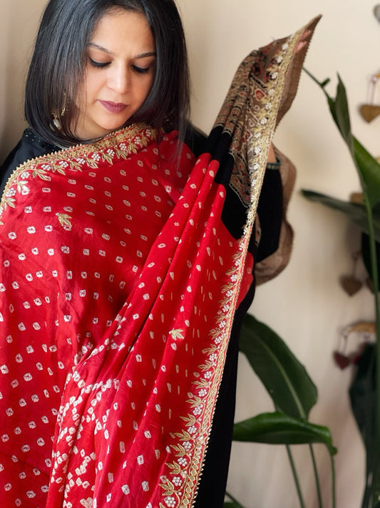 Pink Rai Bandhani, Ajrakh Dupatta with Gotapatti Handwork in Modal Silk - Masakalee