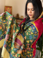 Pink Rai Bandhej Dupatta with Handpainted Kalamkari Pallu in Pure Muga Silk - Masakalee