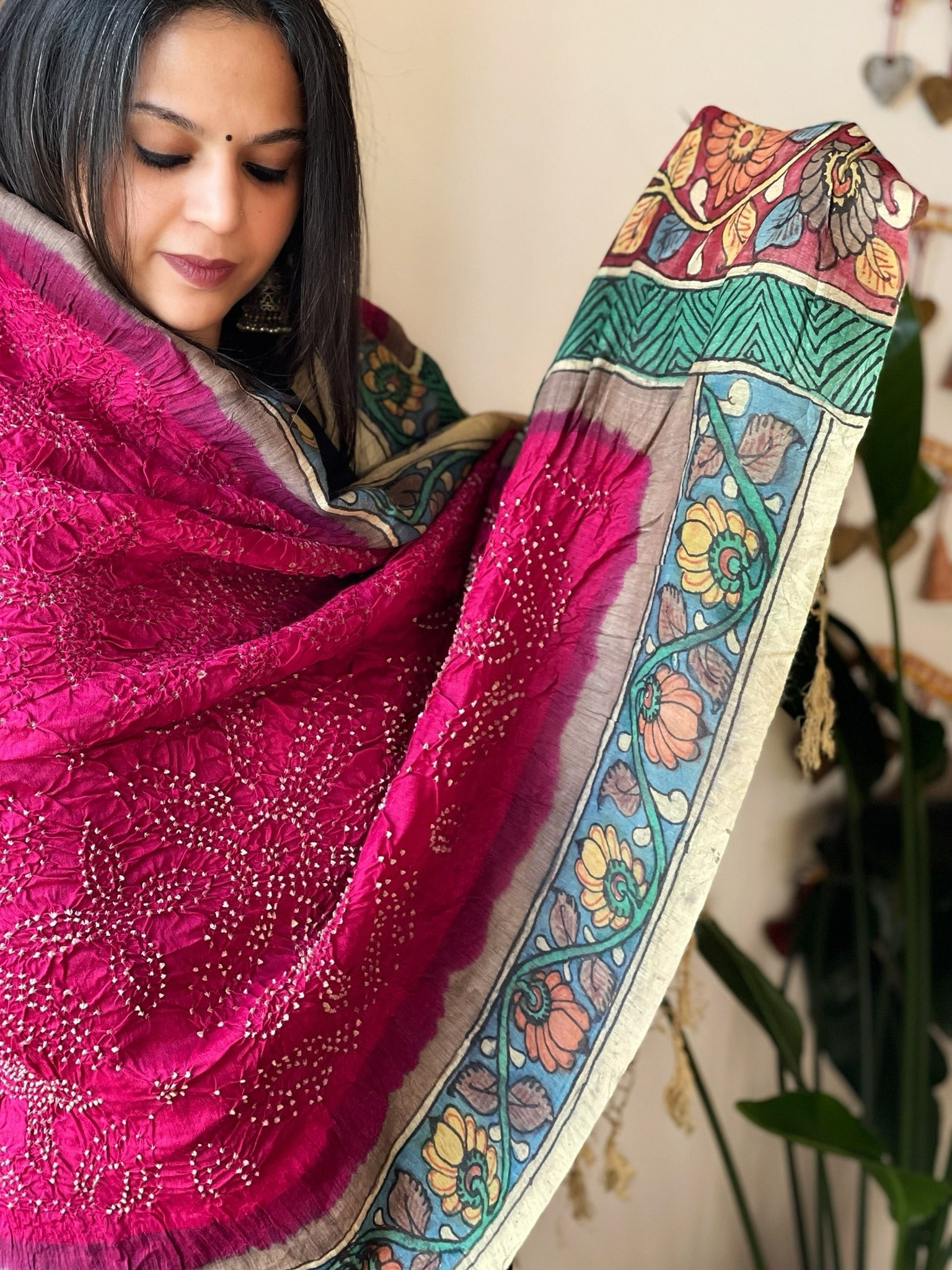 Pink Rai Bandhej Dupatta with Handpainted Kalamkari Pallu in Pure Muga Silk - Masakalee