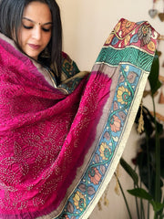Pink Rai Bandhej Dupatta with Handpainted Kalamkari Pallu in Pure Muga Silk - Masakalee
