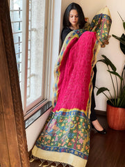 Pink Rai Bandhej Dupatta with Handpainted Kalamkari Pallu in Pure Muga Silk - Masakalee