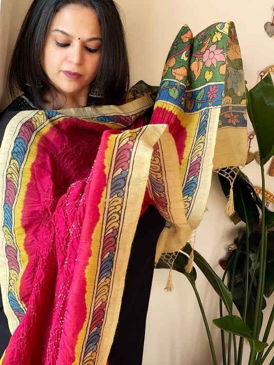 Pink Rai Bandhej Dupatta with Handpainted Kalamkari Pallu in Pure Muga Silk - Masakalee