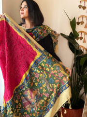 Pink Rai Bandhej Dupatta with Handpainted Kalamkari Pallu in Pure Muga Silk - Masakalee