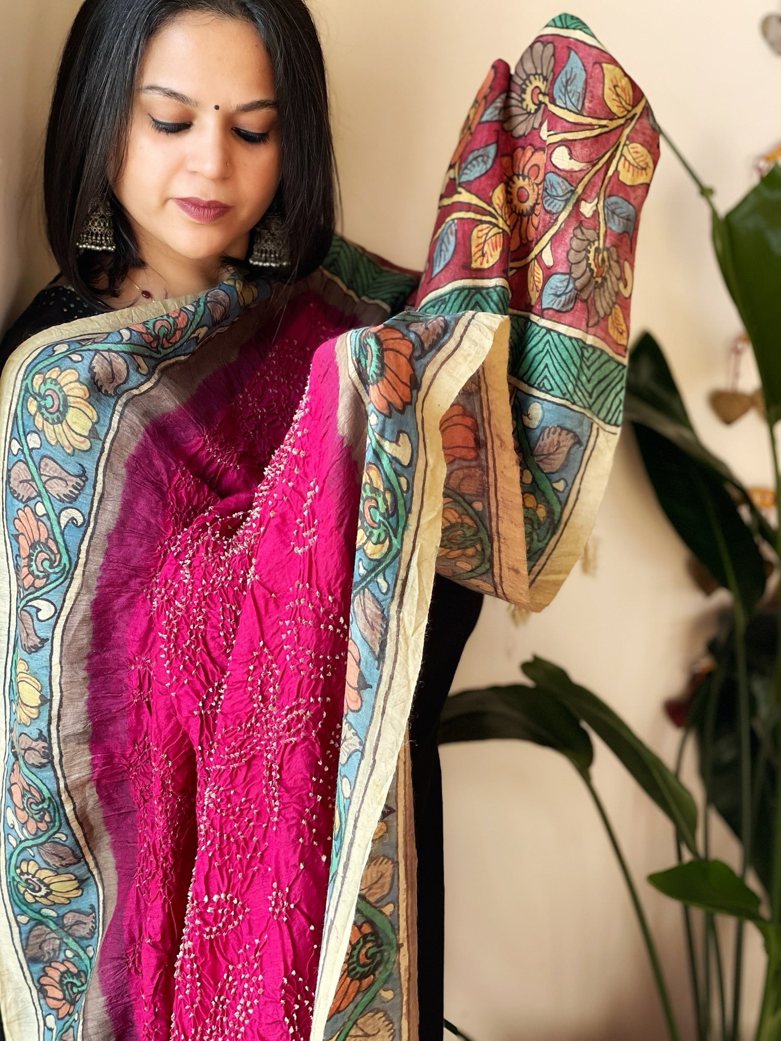 Pink Rai Bandhej Dupatta with Handpainted Kalamkari Pallu in Pure Muga Silk - Masakalee
