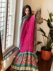 Pink Rai Bandhej Dupatta with Handpainted Kalamkari Pallu in Pure Muga Silk - Masakalee
