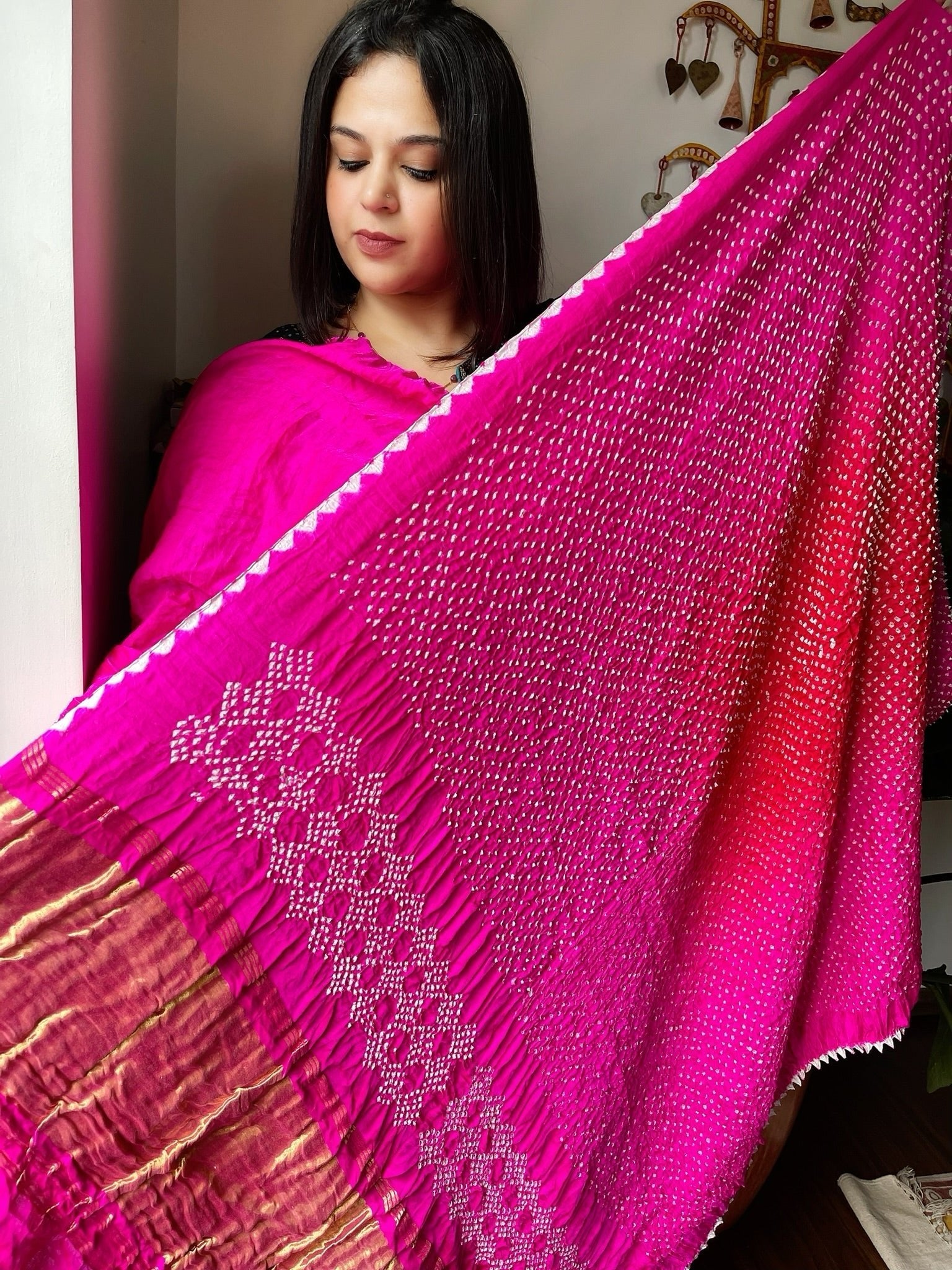 Pink Rai Bandhej Saree in Pure Gajji Silk with Zari Pallu - Masakalee