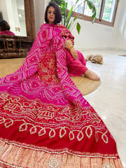 Pink, Red Bandhani Dupatta with Gotapatti Handwork in Pure Silk - Masakalee