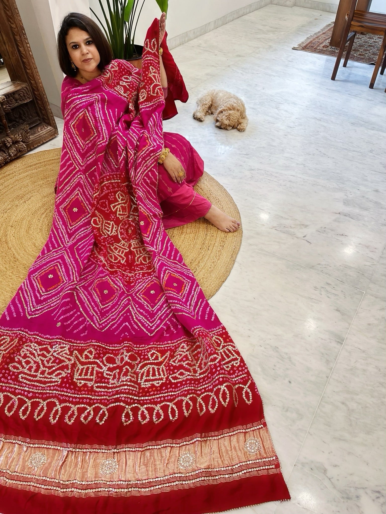 Pink, Red Bandhani Dupatta with Gotapatti Handwork in Pure Silk - Masakalee