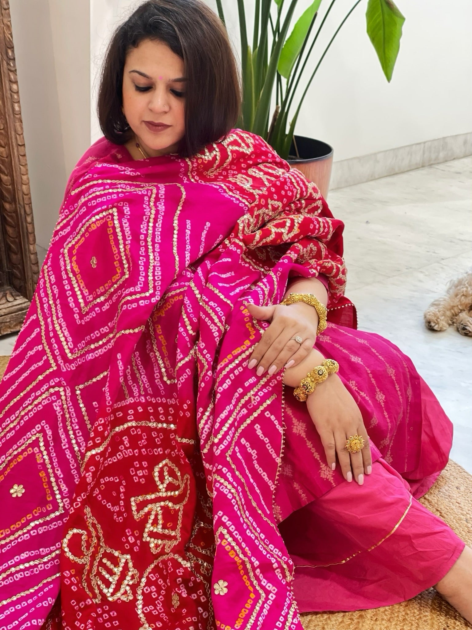 Pink, Red Bandhani Dupatta with Gotapatti Handwork in Pure Silk - Masakalee