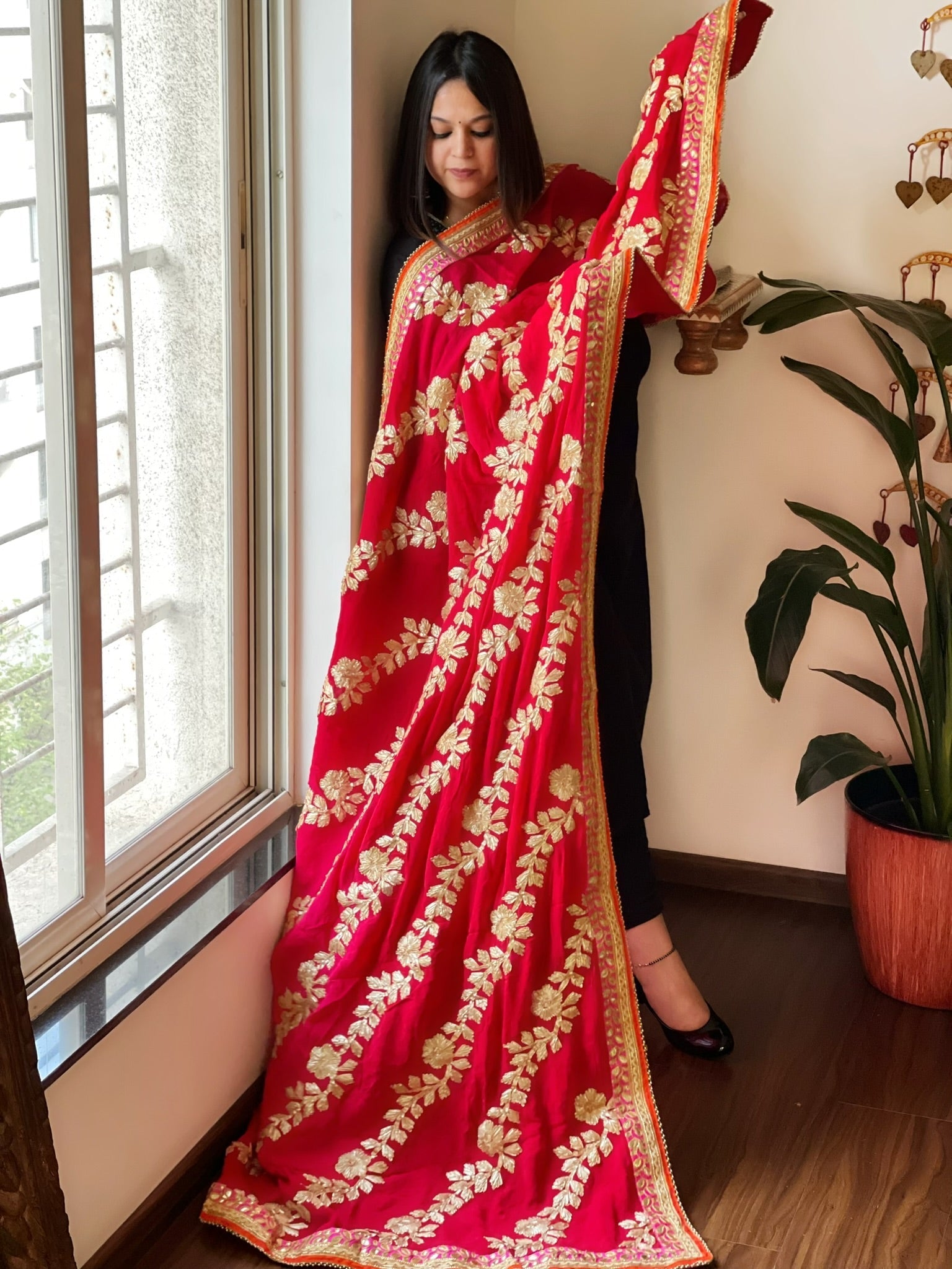 Pink & Red Chinon Dupatta with Gota Lace Work - Masakalee